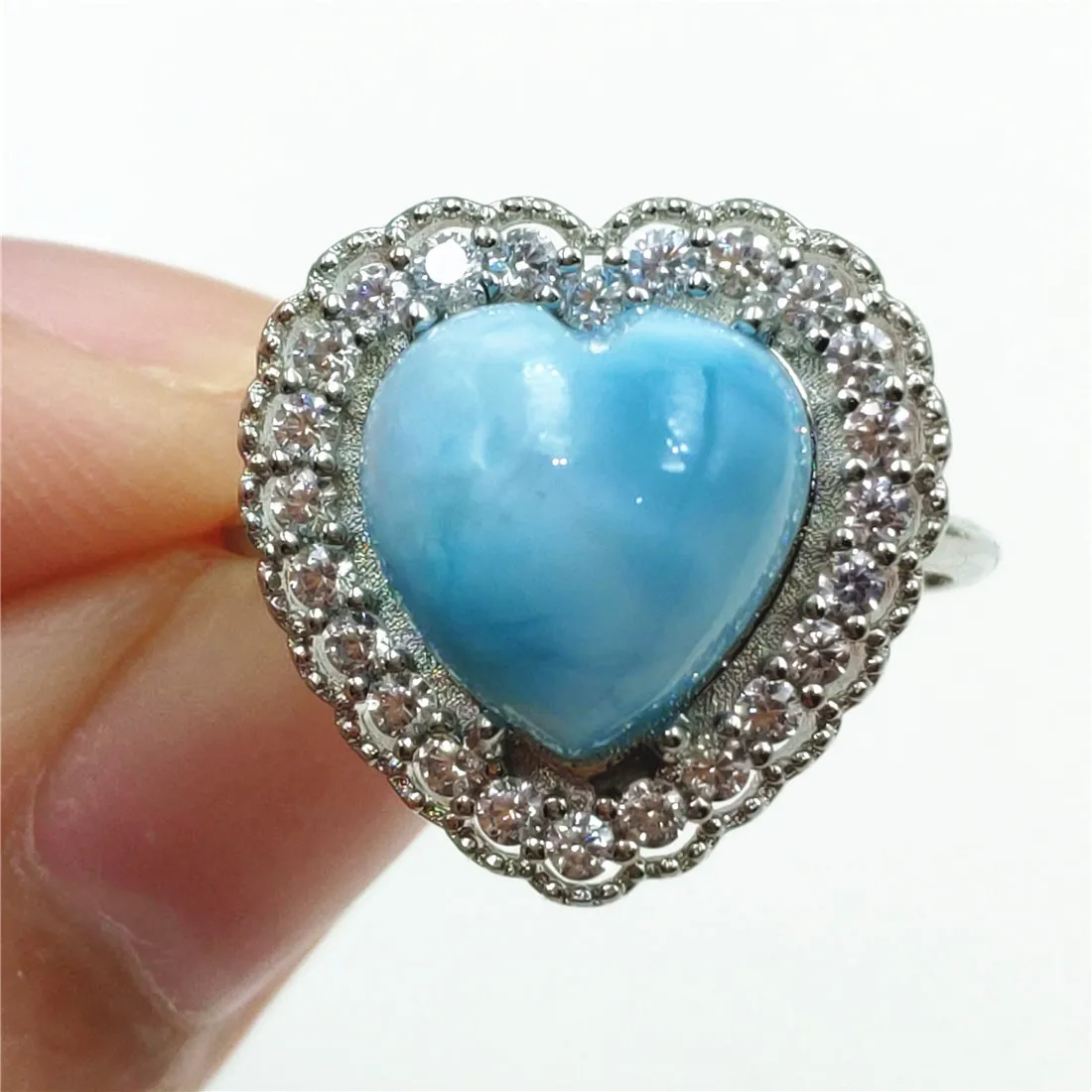 

10x10mm Namibia Natural Larimar Blue Dominia Heart Adjustable Ring Water Pattern Love Larimar 925 Sterling Silver AAAAAA