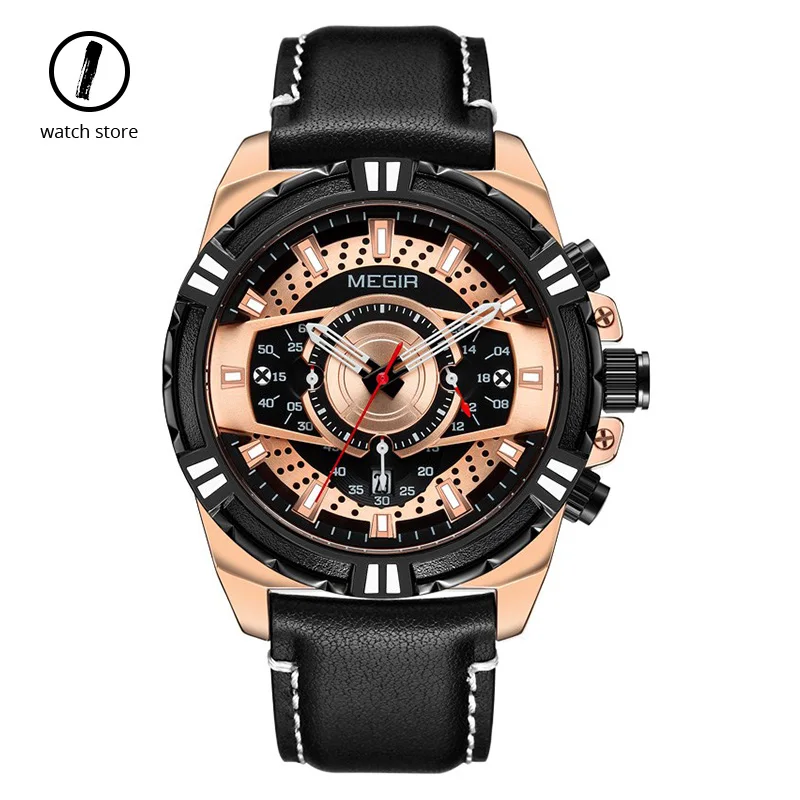 Megir большой циферблат хронограф военные часы мужские модные кожа лучший бренд