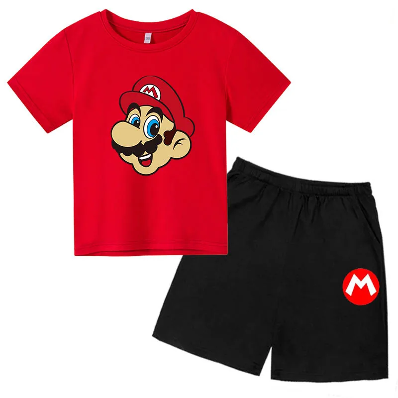 

Mario Brothers Cute Print Boys and Girls T-shirt 2021 New Short Sleeve O-neck Cotton Sports Casual T-shirt + Pants Set
