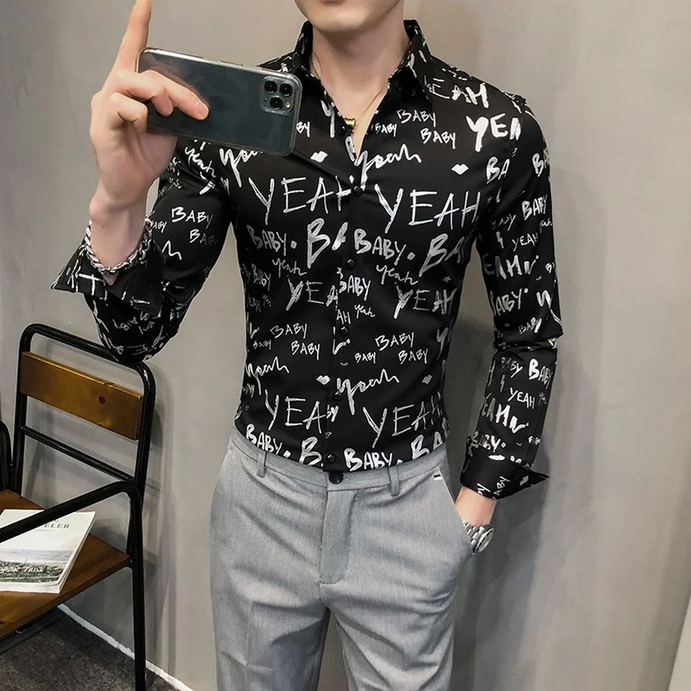 

Full Letter Print Men Shirts Vintage Bronzing Shirt Men's Casual Clothing Soft Comfort Streetwear Fashion Slim Fit Chemise Homme