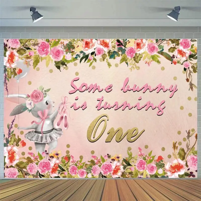 

Some Bunny is Turning One Girl Princess Background Photography Floral Flowers Around Dance Rabbit 1st Birthday Party Backdrops