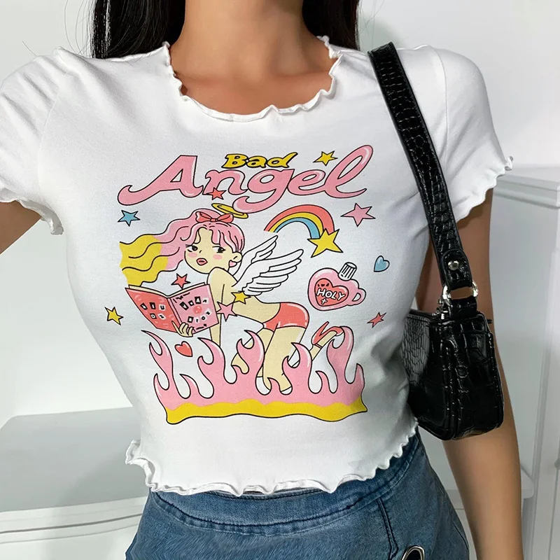 

Y2K Cute Print T-shirt Short Sleeve Ruffles Crop Tops Summer Clothes Women Casual Slim Fit Tops Tee E-girl Fashion Streetwear