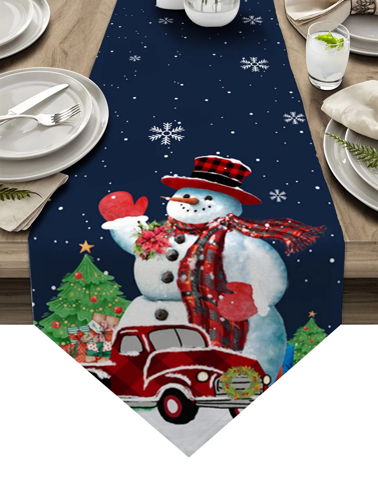

Christmas Snowman Christmas Tree Plaid Red Poinsettia Table Runner for Table Wedding Tablecloth Christmas Decoration for Home
