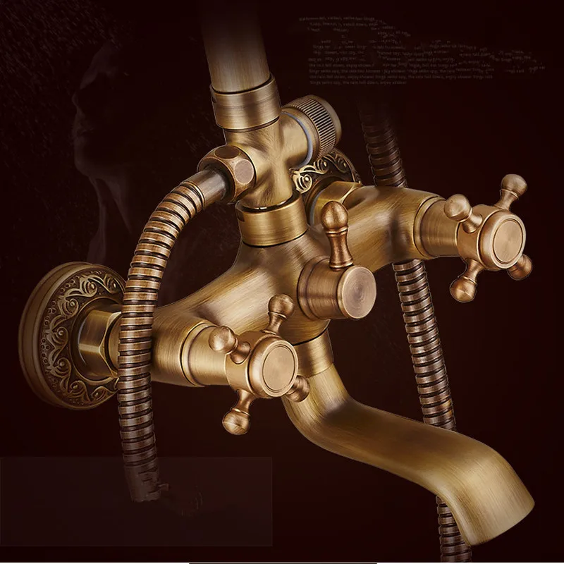 brass antique bathroom shower faucet set wall mount dual handle with handshower brass bathroom shower mixer tap free global shipping