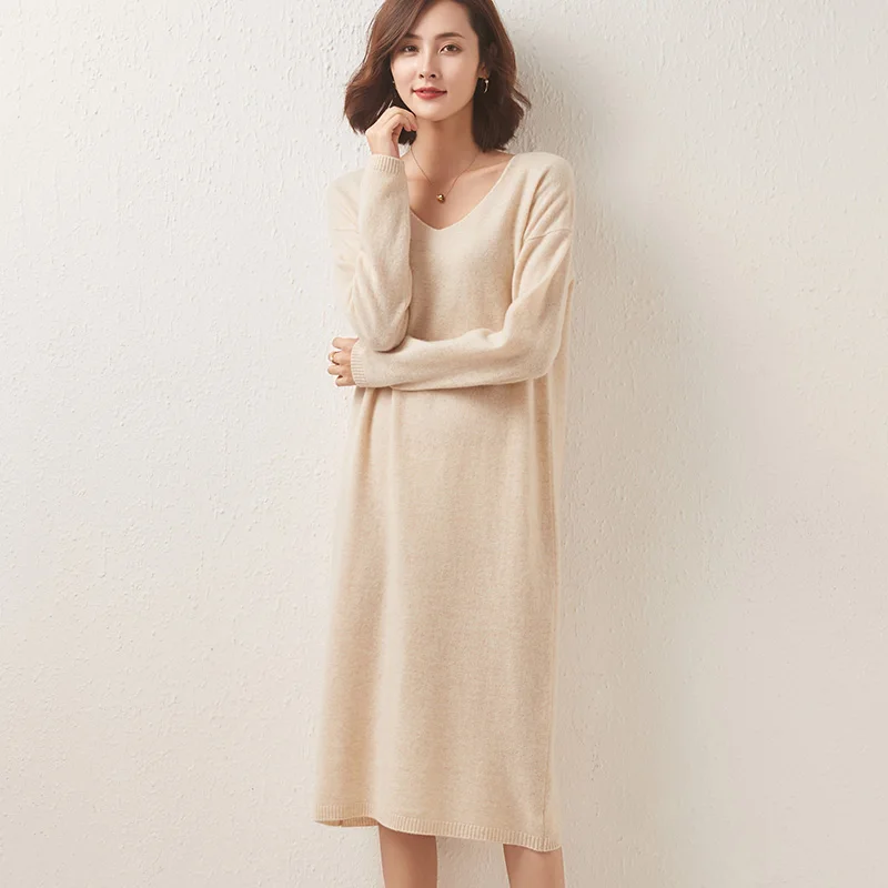 Long Sweater Dress Women's Autumn And Winter New Foreign Style V-Neck Bottoming Knitting Lazy Wind Loose Hedging  Korean Version