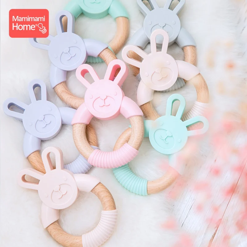 Mamihome Baby Wooden Teether Animal Ring Silicone Rodent Beech Wooden Blank Rabbit Ears baby products Toys Pacifier Pendant Gift