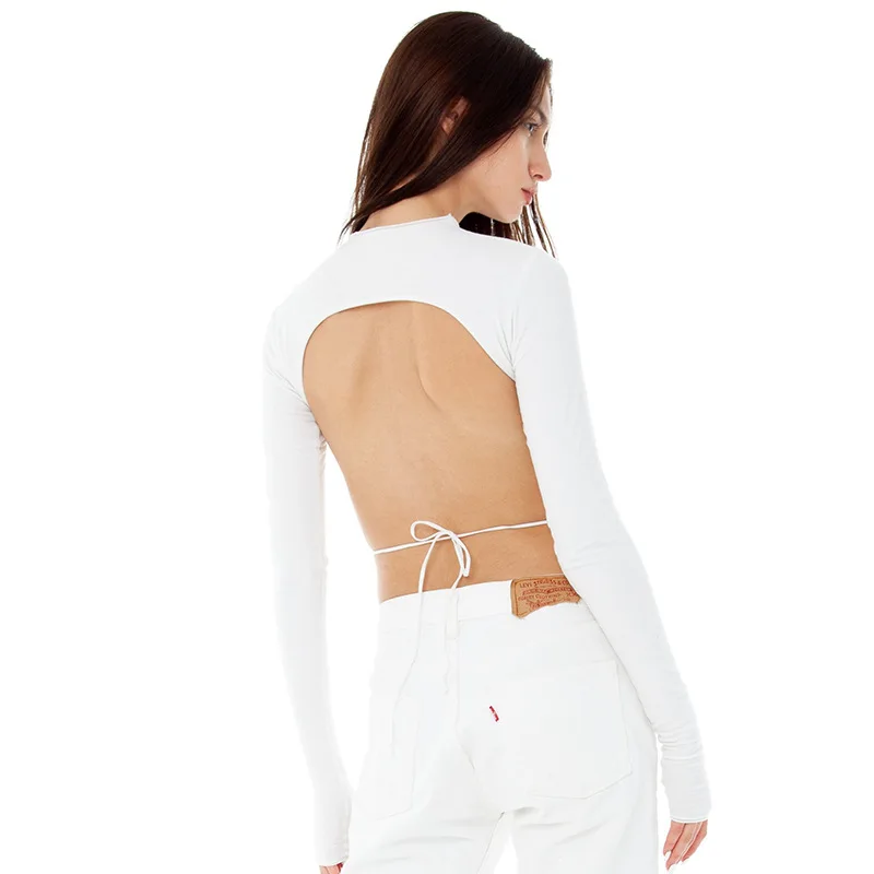 

2021 Sexy Crop Top Backless Lace Up Tee Shirt Casual Women T-Shirt Autumn Long Sleeve Slim Navel Crop Tops Streetwear Club
