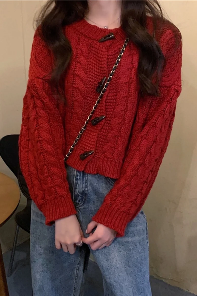 Unif Cardigan Sweater Women's Korean Version Loose Outer Wear Red Chic Long Sleeved Coat Jum |