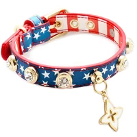 dog collar leash set pet accessories america the star spangled banner handmade cowhide real calfskin leather cow poodle yorkie