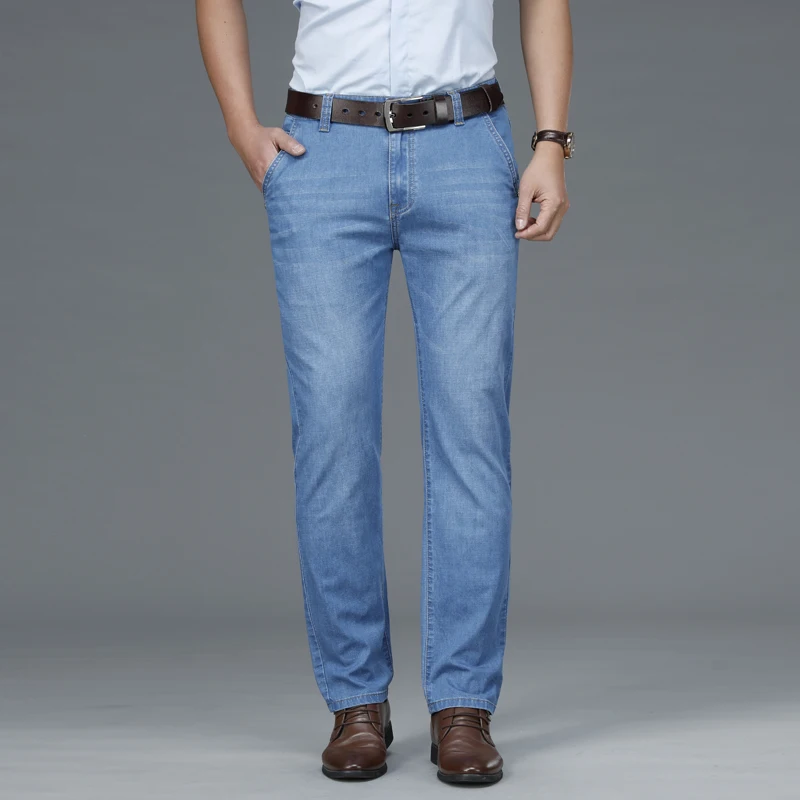 

2021 Spring and Summer Lightweight Thin Men's Fitted Straight Fashion Jeans Classic Leather Business Casual Cotton Denim Jeans