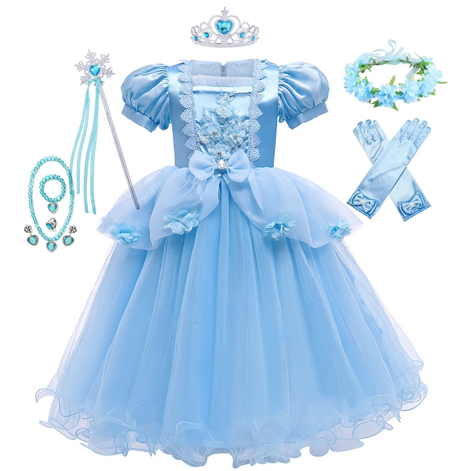 

Cinderella Cosplay Princess Girls Dress Kids Dresses for Girls Christmas Party Dress Summer Puff Sleeve Embroidery Flower Dress