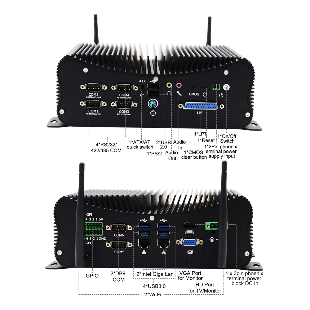 Промышленный мини ПК 8 го поколения Core i5 8250U 2 * DDR4 до 32GGB 6 DB9 COM Настольный WES7/10 GPIO PS/2