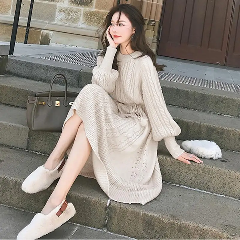 2020 Autumn Winter Lantern Sleeve Long Women Dresses Female Knitted Warm Dress Ladies A Line Knit Pullover Sweater Vestidos E13 | Женская