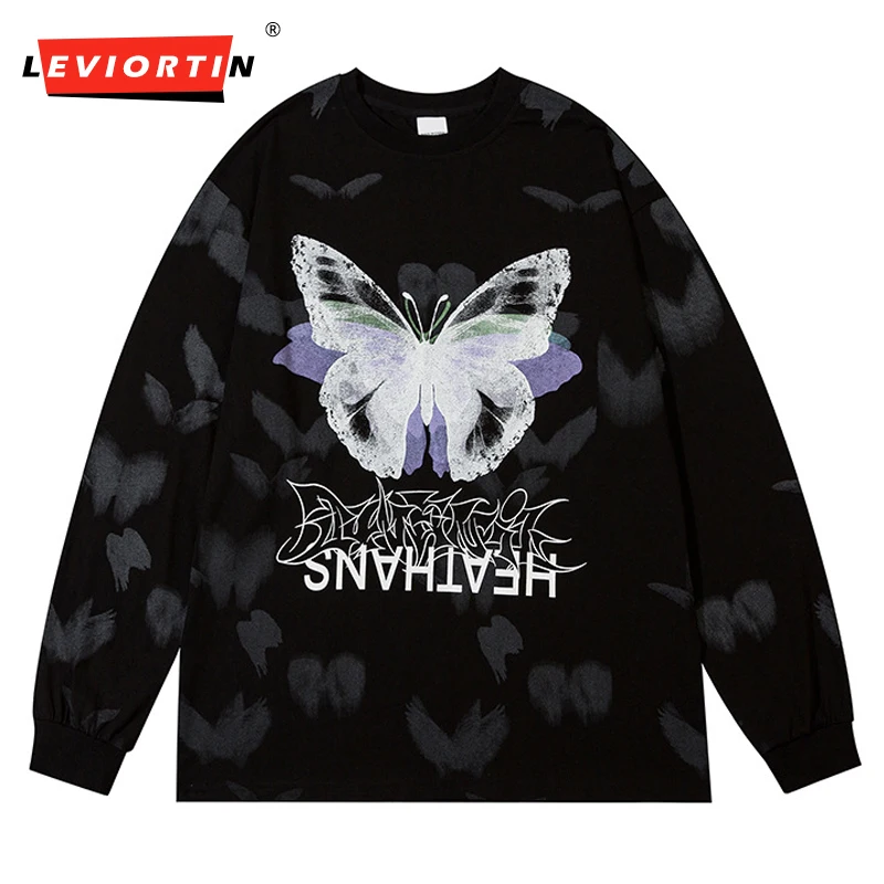 

LEVIORTIN 2021 Men's Hip Hop Butterfly Print Sweatshirt Long Sleeve T-Shirt Round Neck Personality Pullover