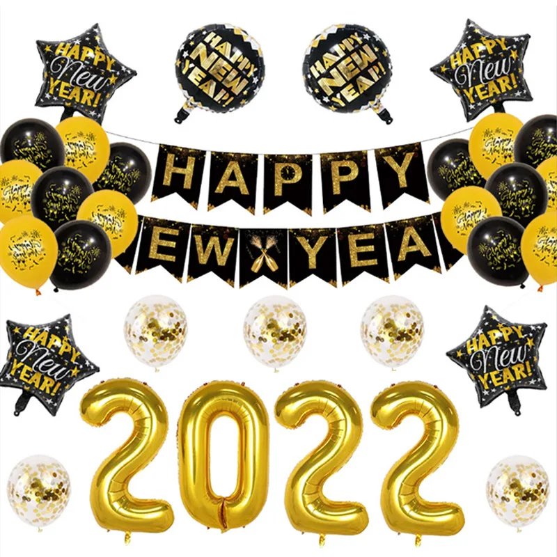 

Balloon Arch Kit with Happy New Year Banner Gold Number 2022 Foil Balloons Confetti Balloons for New Year Party Decoration