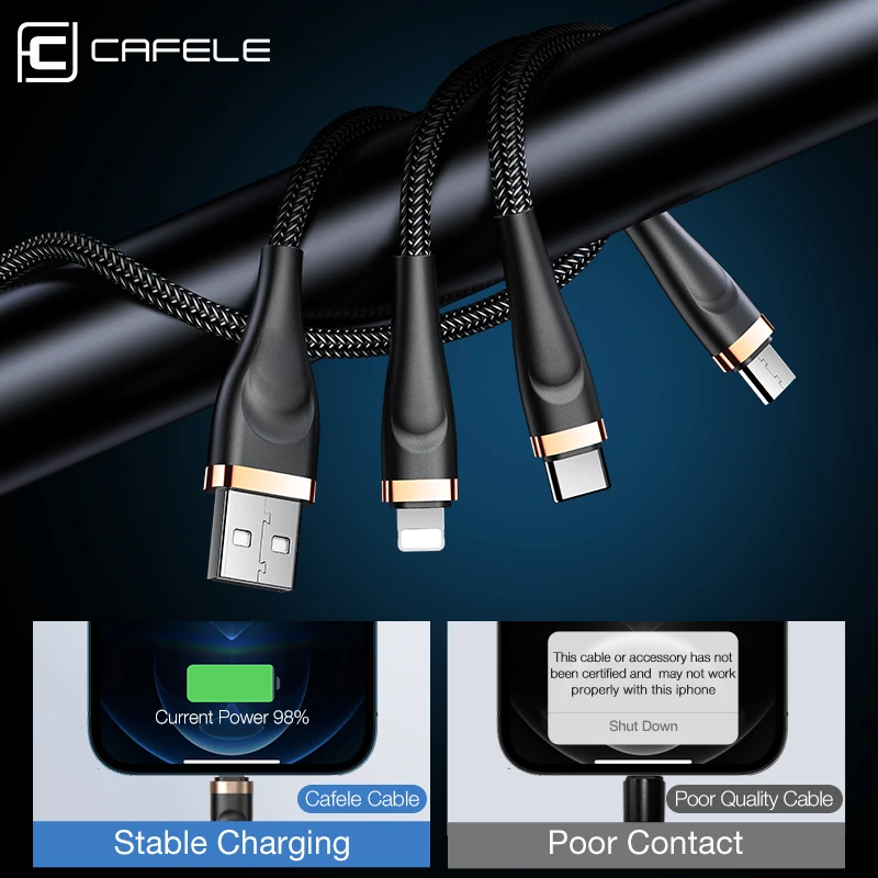 Cafele 3 in 1 USB Cable PD Cable For iPhone 11 12 Pro Max X XR XS Type-c Charging Cable For Huawei Xiaomi Samsung Micro Cable