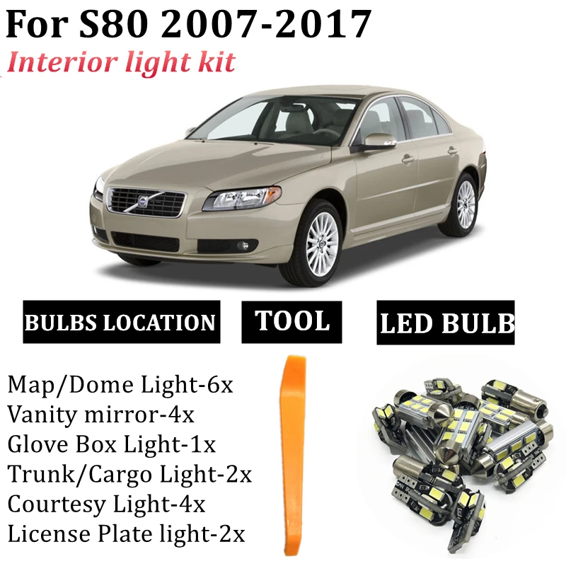 

19 шт. Canbus T10 светодиодный интерьер Карта Купол светильник комплект подходит для 2007-2017 Volvo S80 как 124 потолок подсветки перчаточного ящика багаж...