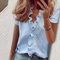 new fashion ladies blouse summer tops short sleeves office lady womens clothing v neck solid ruffles casual print female shirt