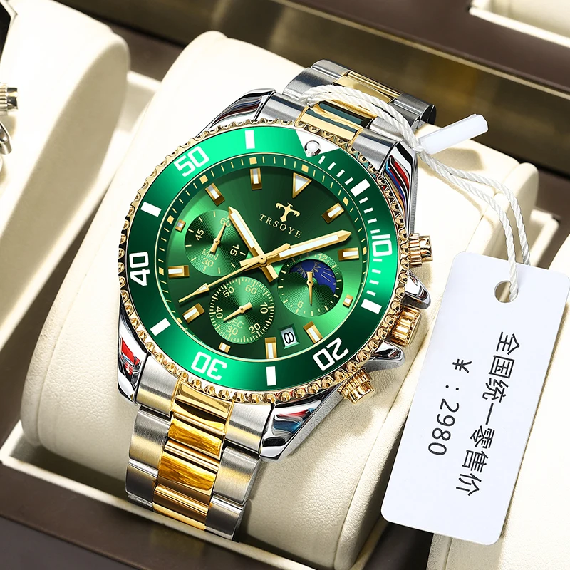TRSOYE Man Watch Waterproof Luxury Brand Replica Watches for Mens Date Display Stainless Steel Strap Clock Super Luminous