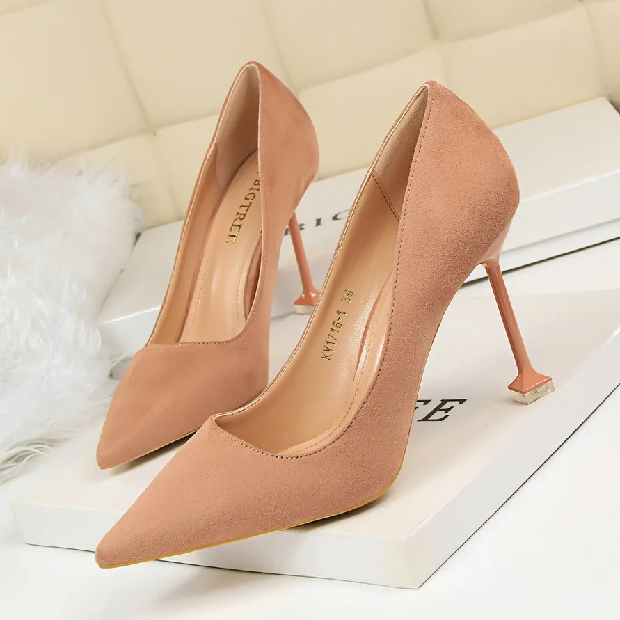 

1716-1 Korean fashion sexy pedicure was thin high heels women's shoes stiletto high heel suede shallow pointy shoes