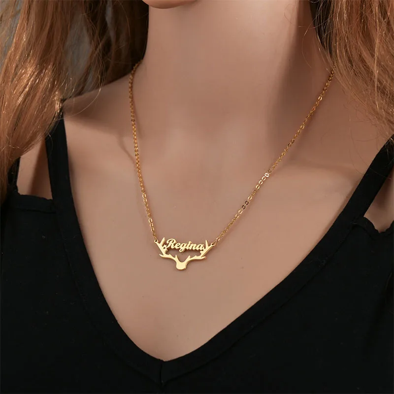 

Personalized Name Antler Pendant Necklace Engraved Text Stainless Steel Antler Base Nameplate Necklace High Quality Jewelry Gift