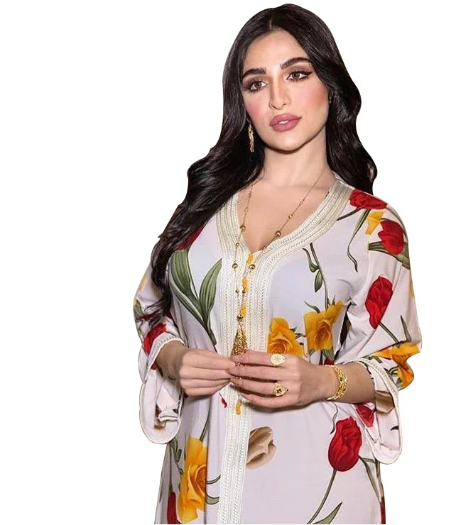 Мусульманское абайя арабское платье с цветочным принтом хиджаб Золотая лента