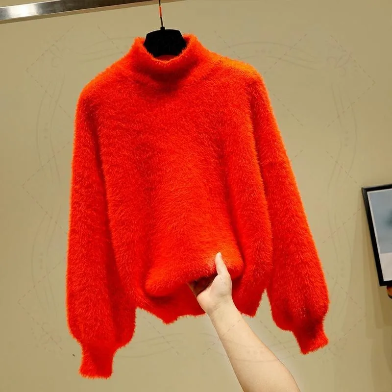 OMCHION Pull Femme 2021 Winter Turtleneck Faux Mink Cashmere Women Sweaters And Pullovers Korean Thick Knit Short Sweater LMY154 | Женская