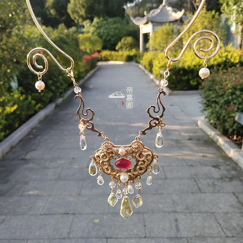 

Китайское классическое ожерелье Hanfu Ruyi ожерелье показ сцены Длинная кисточка Винтажный Золотой кулон ручной работы украшения для косплея