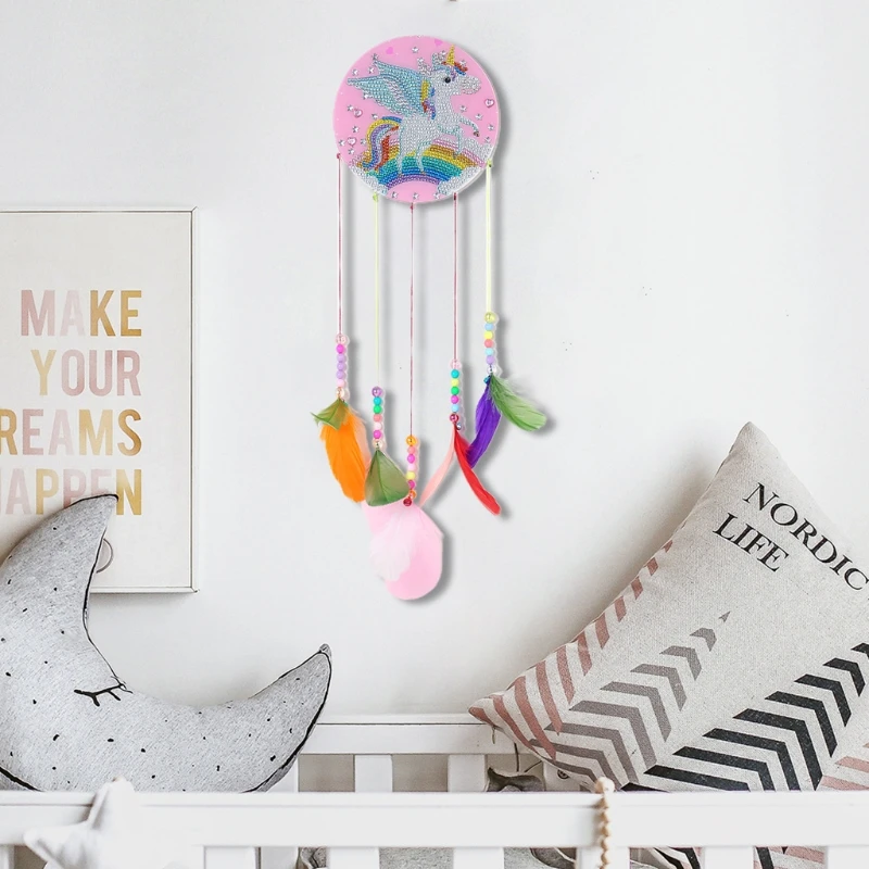 

X37B Elf Flying Horse Diamond Drawing Wind Chime Hanging Colorful Feather Wind Chimes for Outside Decoration DIY Handicrafts