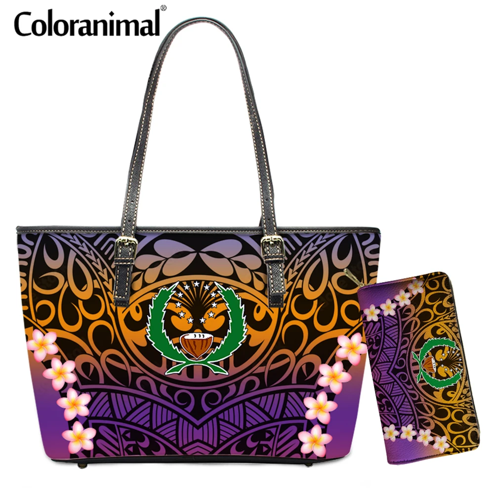 

Coloranimal Gradient Color Pohnpei Polynesian Plumeria Printed Women Shoulder Bag 2Pcs/Set Handbag With Purse PU Leather Bolsa