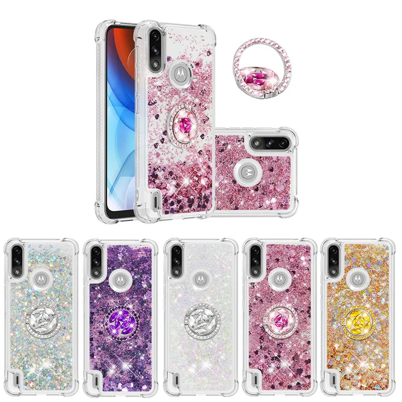 

Diamond Finger Ring Cases for Motorola Moto E7 Power Edge S G30 G10 Case Dynamic Glitter Liquid Holder Back Phone Cover Coque