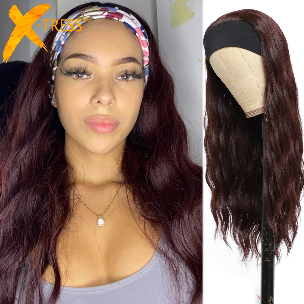 

99J Color Synthetic Headband Wig Natural Wave No Gel Glueless Scarf Long Curly Hair Wig For Black Women Machine Wigs X-TRESS