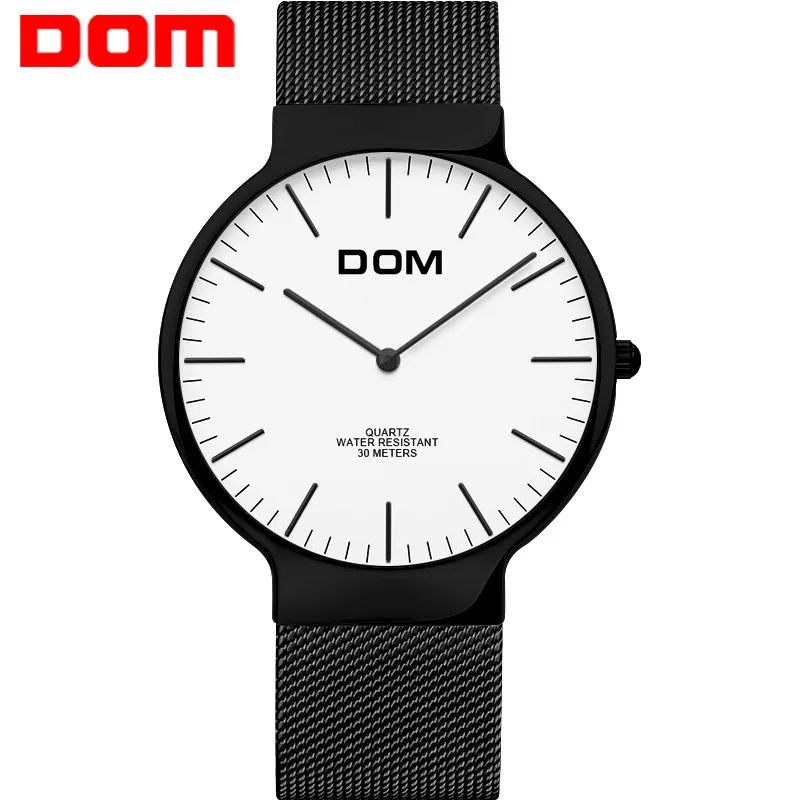 black white Часы мужские DOM Топ люксовый бренд Мужские часы ультра тонкий Нержавеющая сталь сетка ремешок кварцевые наручные часы модные повседневные часы - Цвет: black white