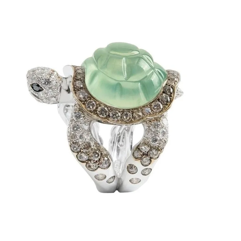 

Personality Silver Color Green Stone Gems Tortoise Ring Unique Rhinestone Rings Cocktail Party Anniversary Jewelry Antique Gifts
