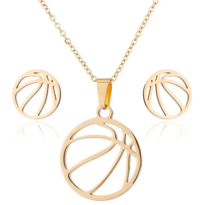 

AsJerlya Men And Women Sports Series Stainless Steel Volleyball Clavicle Chain Stud Earrings Simple Pendant Necklace Earrings