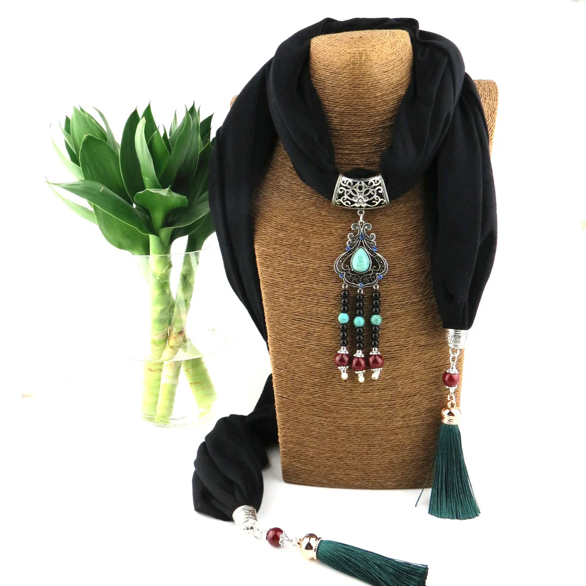

New Lady Necklace Scarf Silk Scarf Ceramic Tassel Pendant Scarf Fashion Lady Shawl Scarf Female Ornament Lady Scarf Silk Scarf