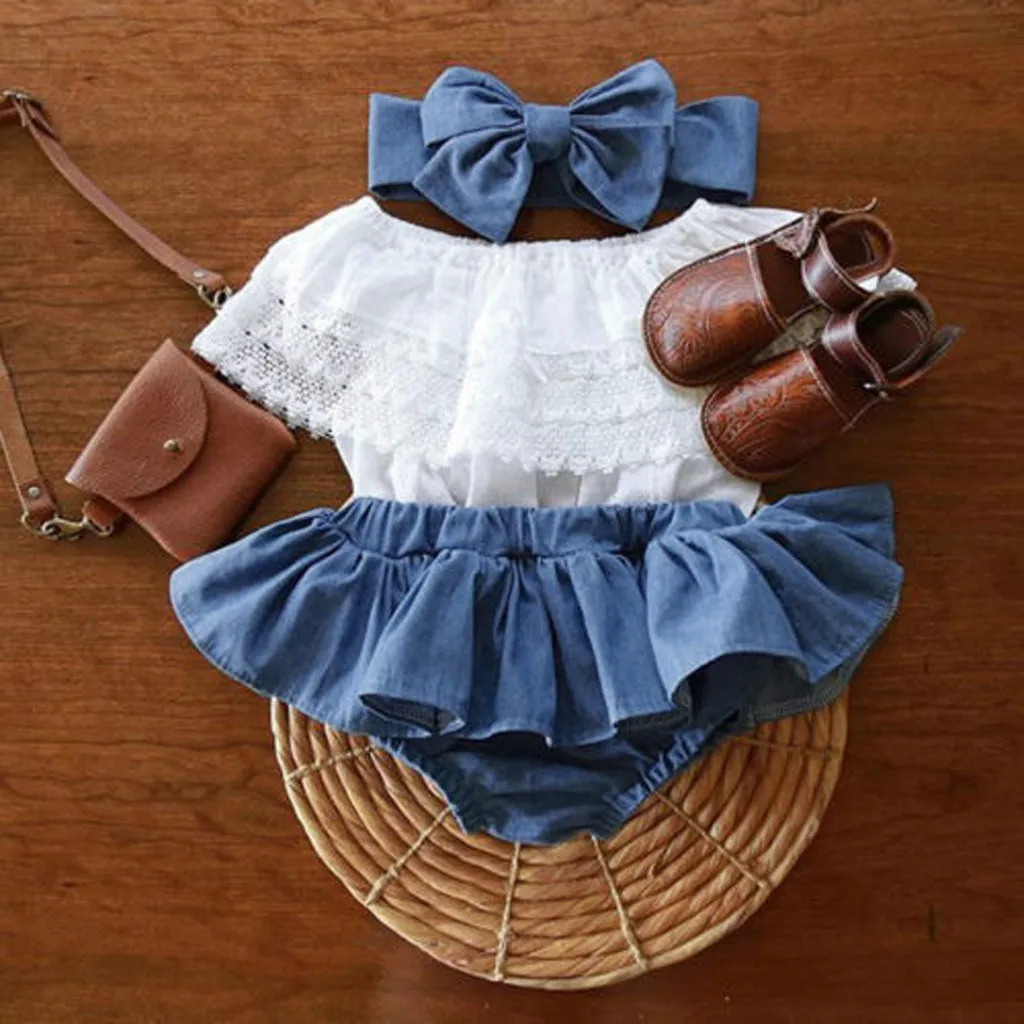 Baby Girls Clothes Cute Summer New Kid Clothing Newborn Baby Girl Outfit Lace Ruffled Top+Demin Shorts Dress+Headband Colthing