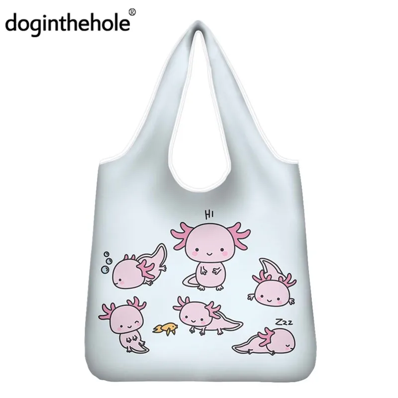

Doginthehole Kawaii Cartoon Axolotl Shopping Bags Casual Women Foldable Shoulder Shopper Totes For Supermarket ECO Grocery Bag