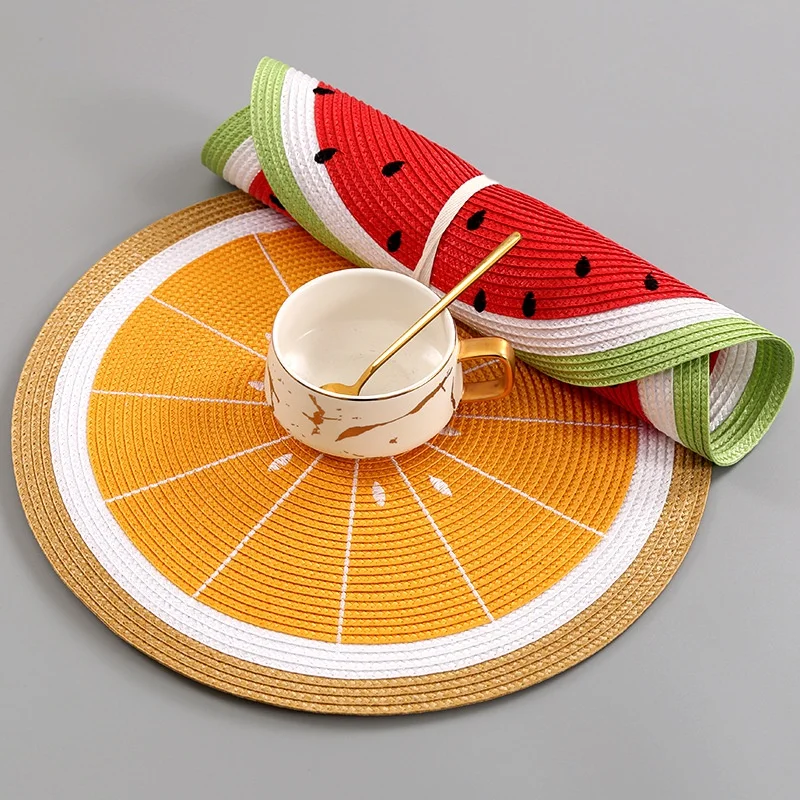 

4 Pcs PP Woven Round Placemat Cartoon Fruit Dining Table Plate Mat Watermelon Lemon Drink Coasters Kitchen Accessories