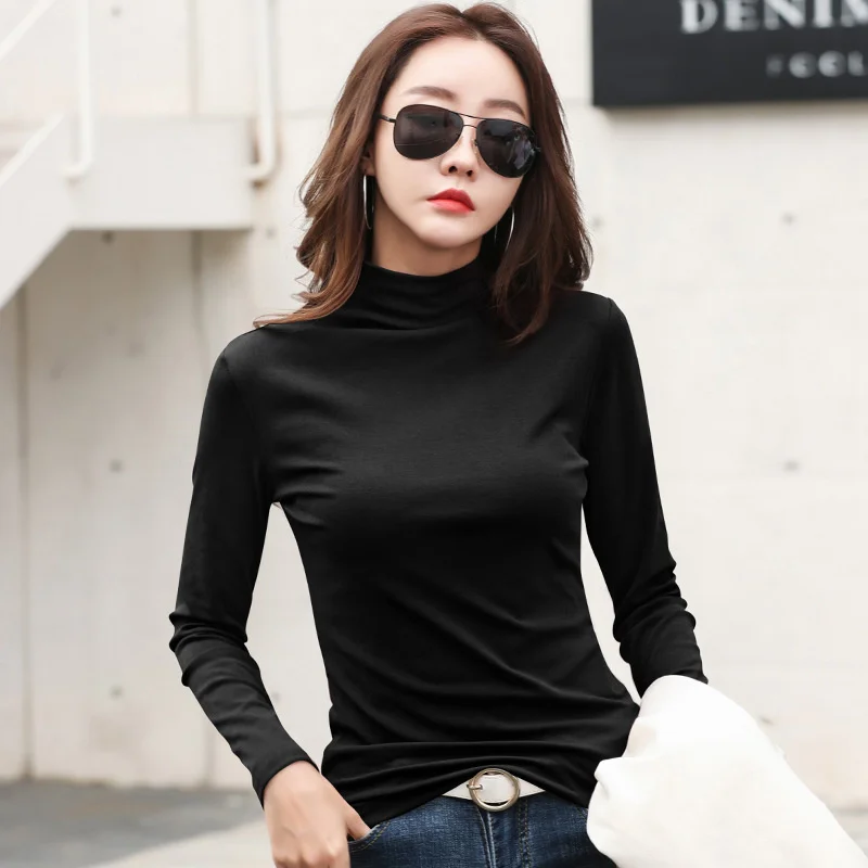 

#0563 Autumn Winter Turtleneck T Shirt Women Slim Casual Tee Shirt Femme Solid Color T-shirt Femme Cotton Thick Korean Style