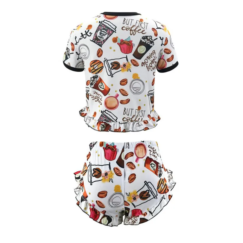 

Summer Women's Sleeping Tops Lace-up Shorts Suit Lovely Round Collar Beverage Printed Loose Elastic Home Outdoor Clothes