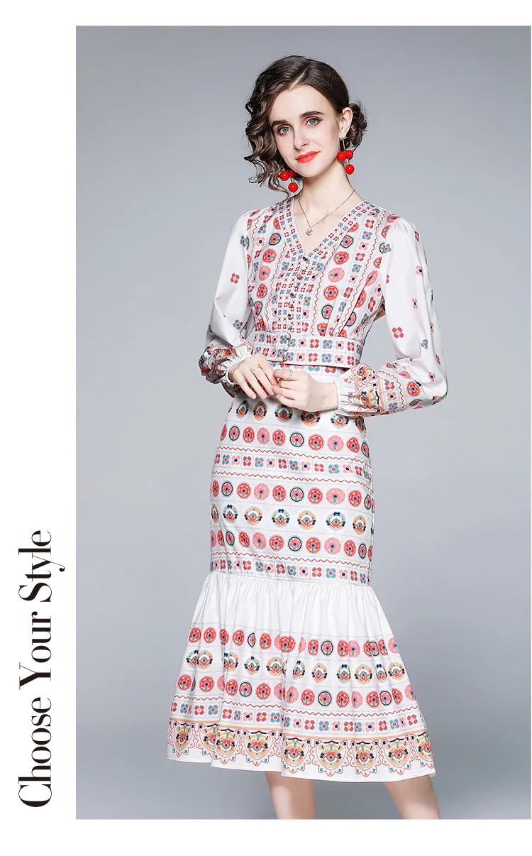 

Fashion Outfit 2021 Spring Sexy V-neck Printed Full-Sleeve Short Shirt+Ethnic Style Tight Fishtail Skirt Temperament 2-Piece Set