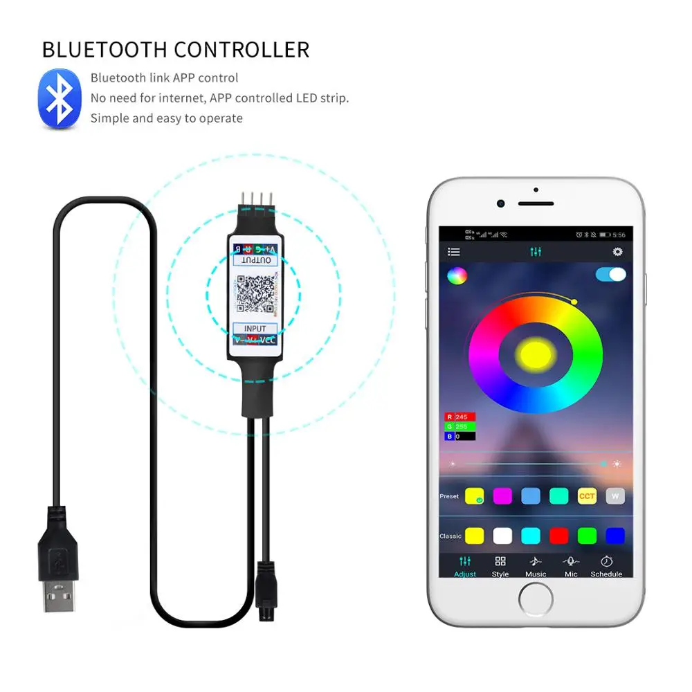 Пульт дистанционного управления RGB с Bluetooth 5 В USB 4 контаксветодиодный 24