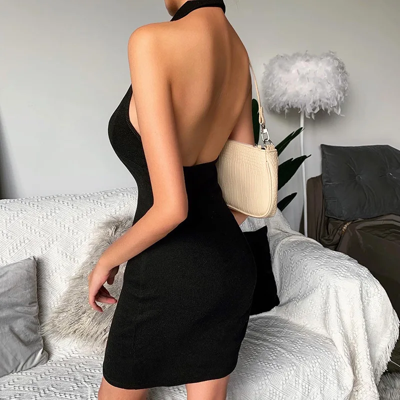 

2021 Summer Elegant Knitted Sexy Bodycon Mini Dress Women White Sleeveless Halter Neck Backless Club Party Dresses Beach Black