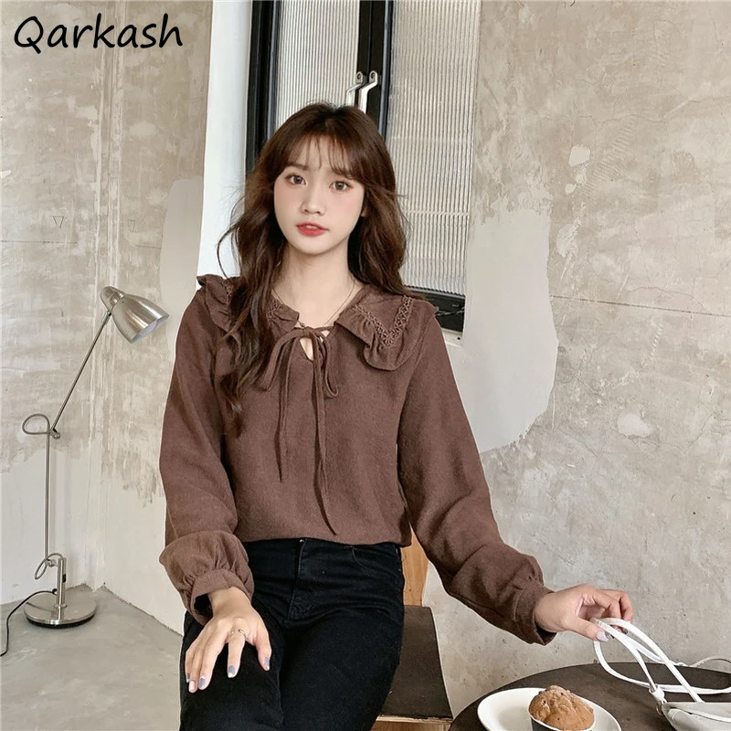 

Blouses Women Solid Peter Pan Collar Girls Kawaii Holiday All-match Leisure Simple Bow Spring Autumn Design Tops New Arrival Ins