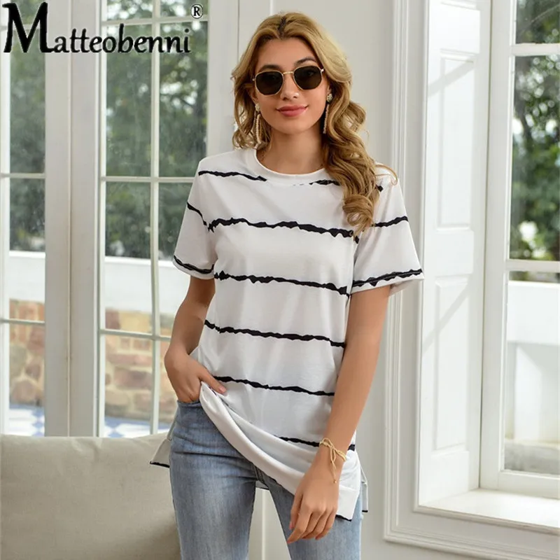 

2021 Summer Fashion Women T-Shirts New Women clothing Striped Loose Printed O-Neck T-Shirts Casual Streetwear Large Size T-Shirt