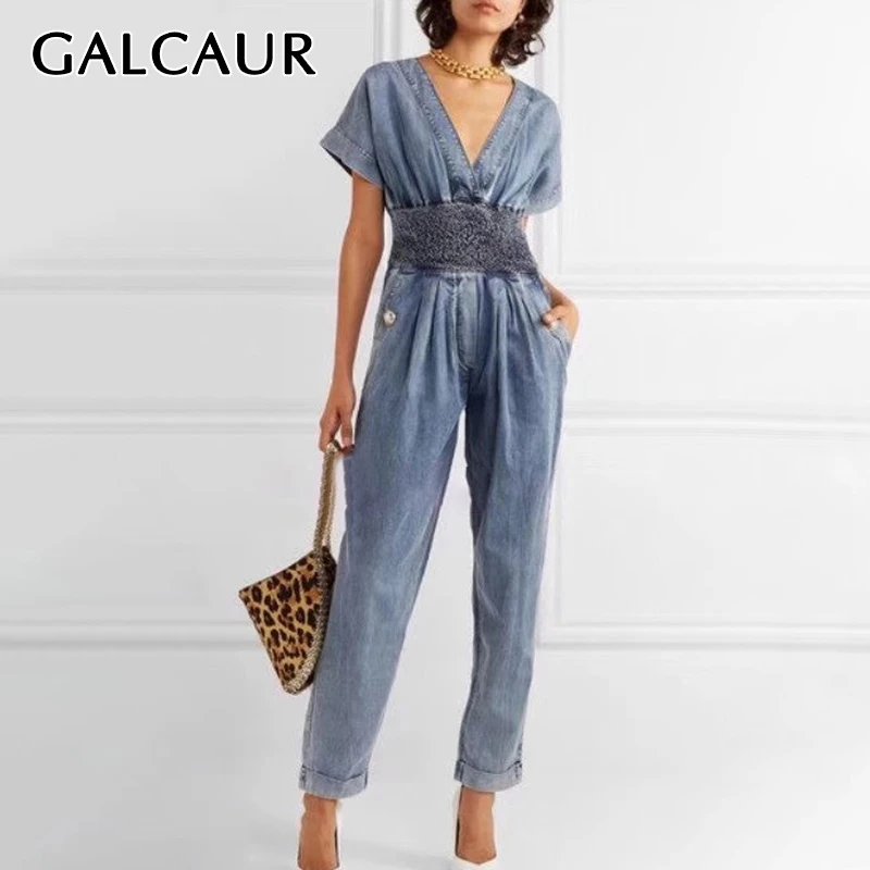 Женский Лоскутные Комбинезоны GALCAUR корейский стиль с коротким рукавом и высокой