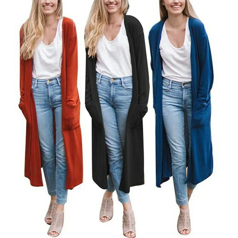 Women's Casual Coat Cardigan Tops Open Front Pockets Solid Long Sleeve Outwear | Женская одежда