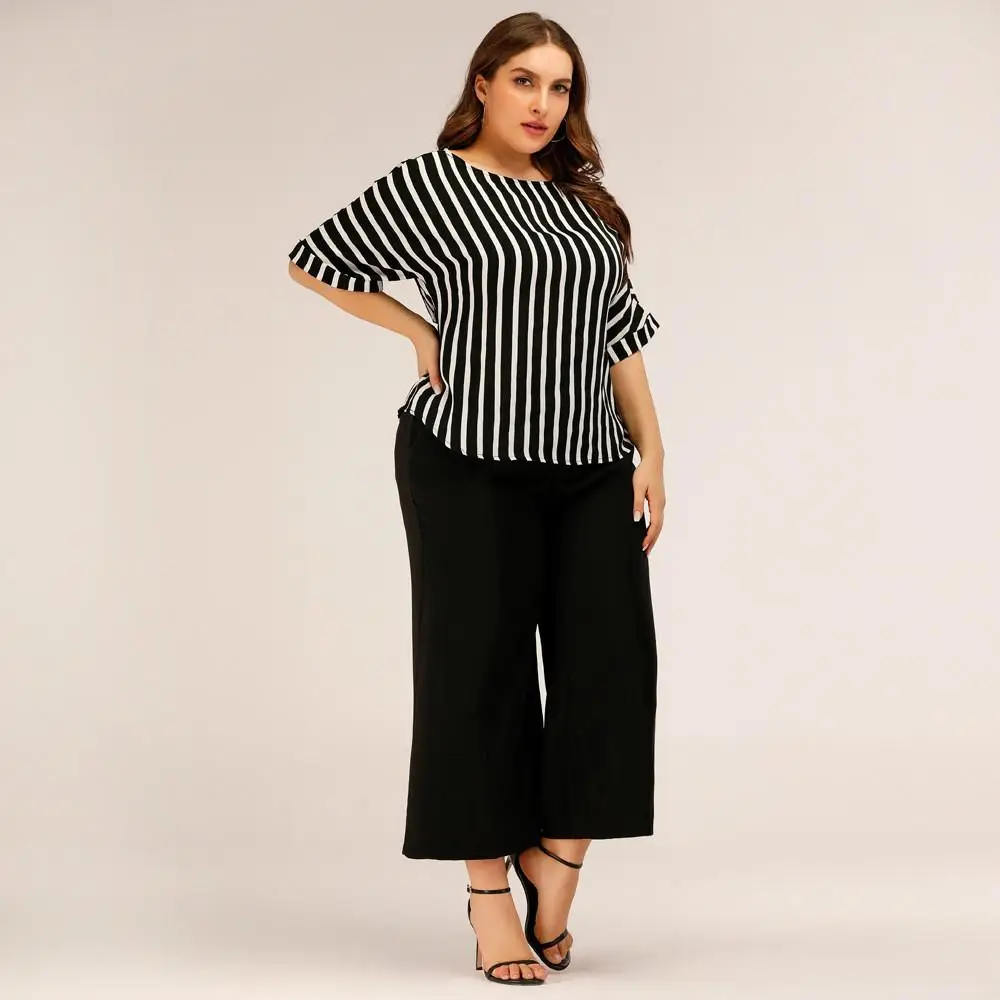 

Summer Large size 2 Piece Sets Women Striped T-Shirt Wide Leg Pant 4xl 5xl Plus Size Casual Clothing Loose Office Two-piece Suit