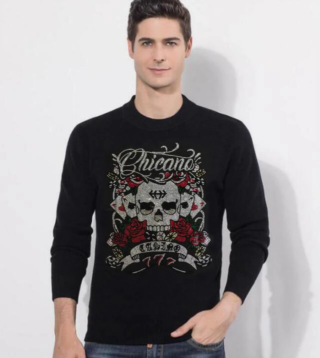 

Flower and skull cool Warm Sweater Men Black Turtleneck Pullover Slim Fit Jumper Pull Knitted Men Clothing Casual Rhinestone